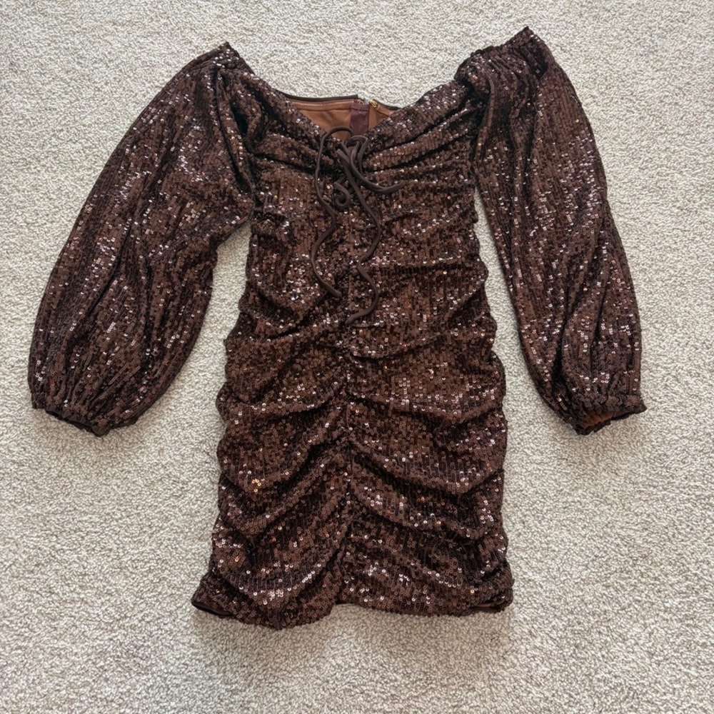 Lovers and Friends Amber Sequin Mini Dress Womens XS Brown Off Shoulder Party‎